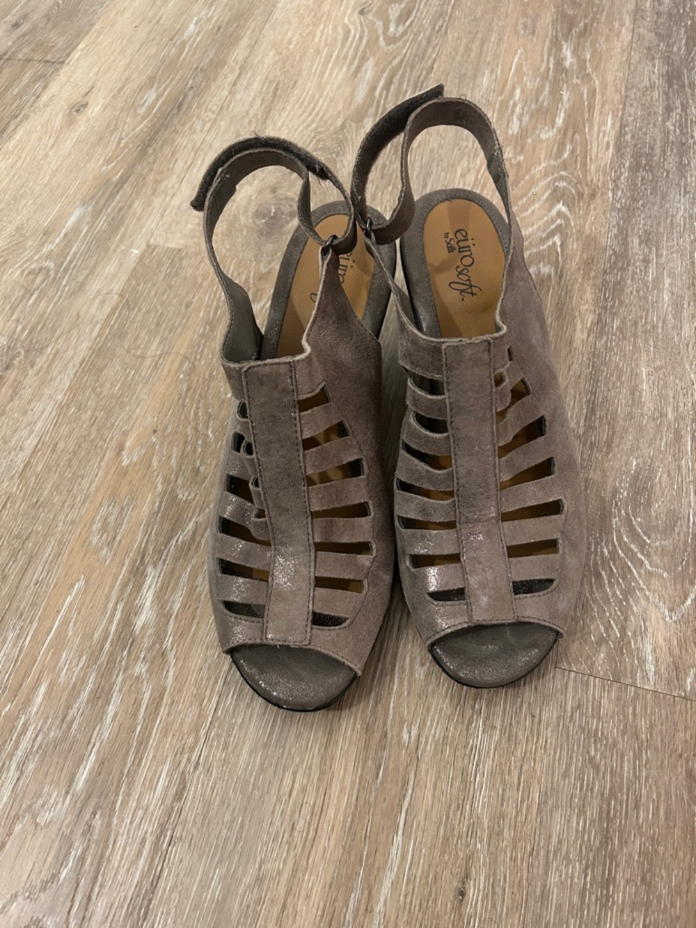 Cushioned Taupe Suede Cutout Slingback Wedge Mules